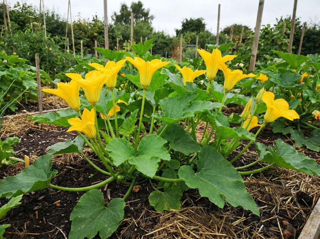 Courgette plant with abundant yellow male flowers but no developing fruit on the vine