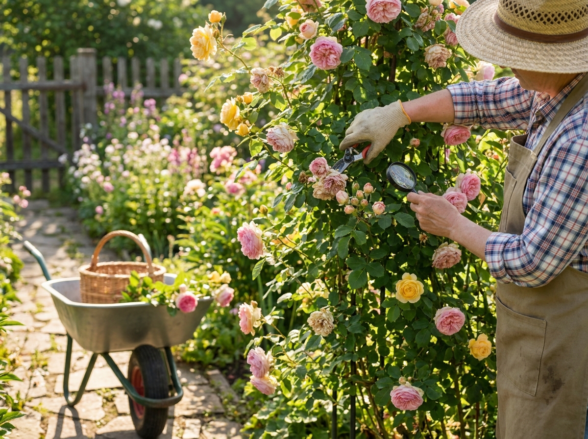 Gardener deadheading roses and checking buds on a sunny June morning