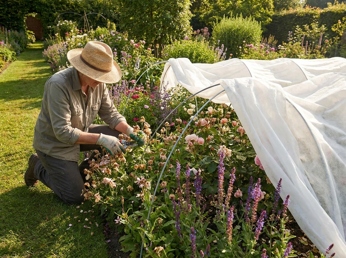 Gardener deadheading and shading flower beds with fleece in afternoon heat
