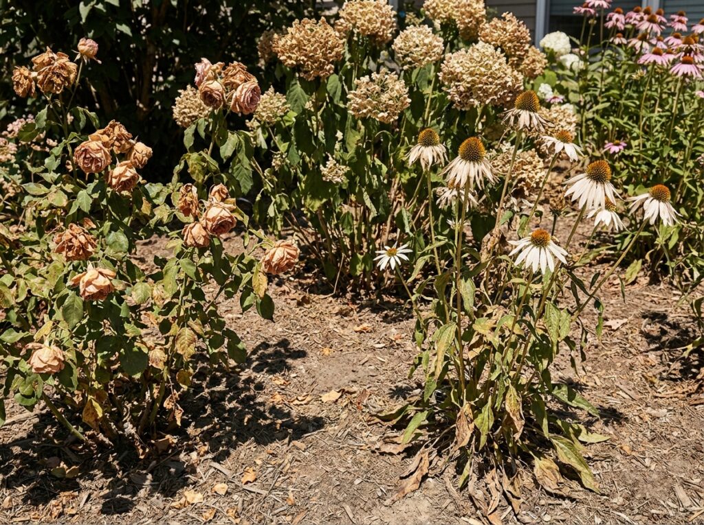 Faded wilting summer flowers in a garden border under harsh June sunlight