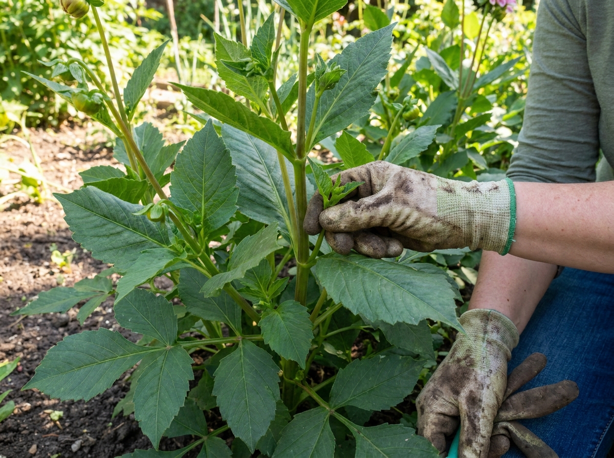 Gardener removing side shoots from dahlia stem to encourage budding