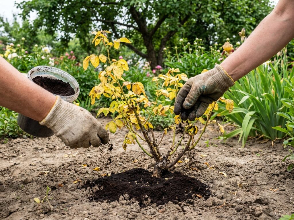 Gardener sprinkling used coffee grounds around the base of a rose bush in summer garden