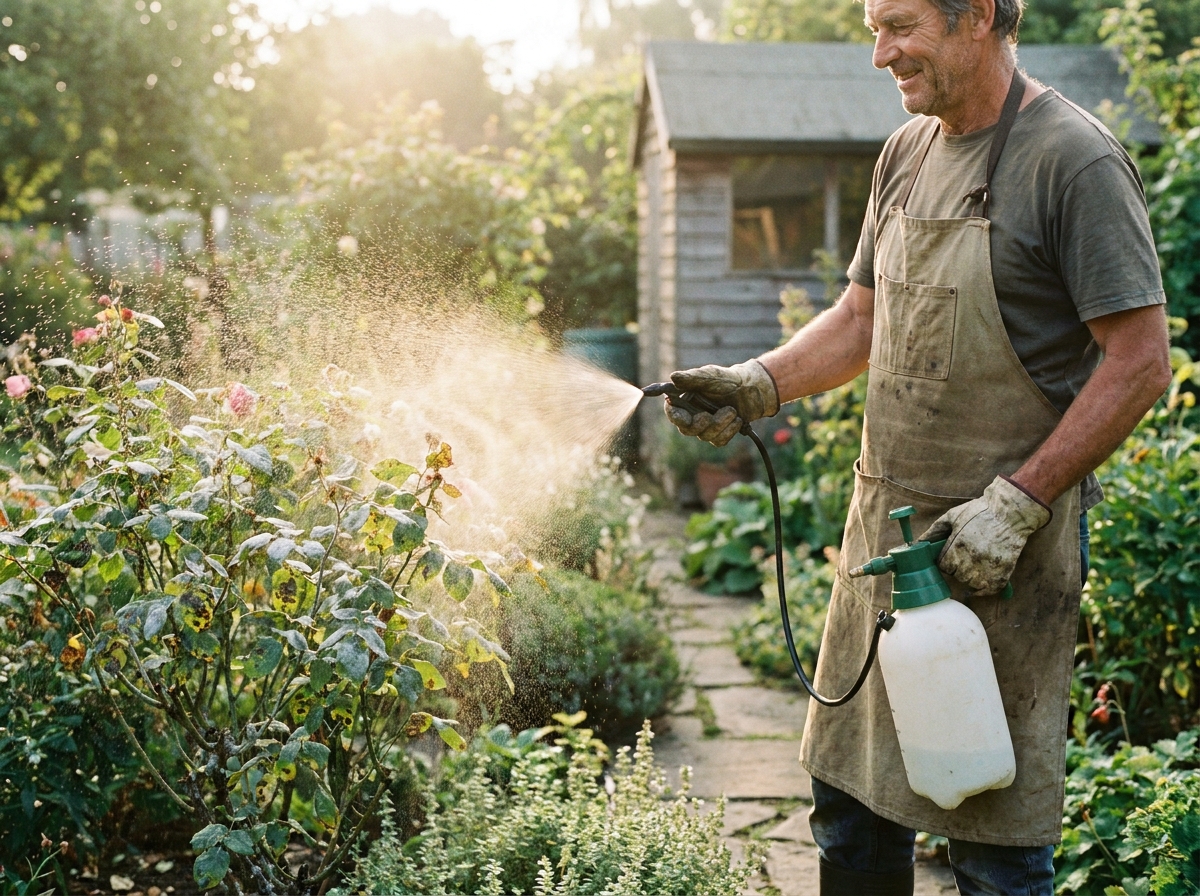Gardener spraying rose bush with disease treatment in morning sunlight