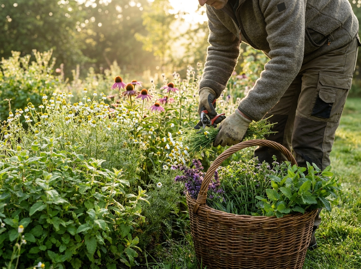 Gardener harvesting medicinal herbs into a basket in early morning dew