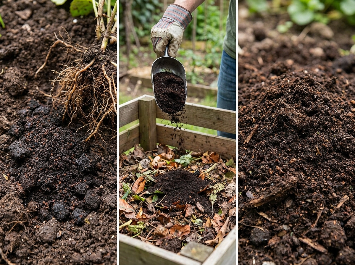 Close-up of dark coffee grounds mixed into rich brown garden soil near plant roots