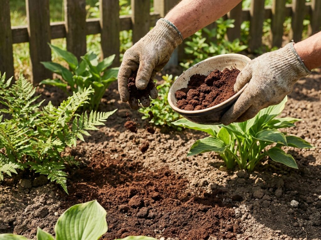 Hands sprinkling used coffee grounds around green garden plants in summer soil
