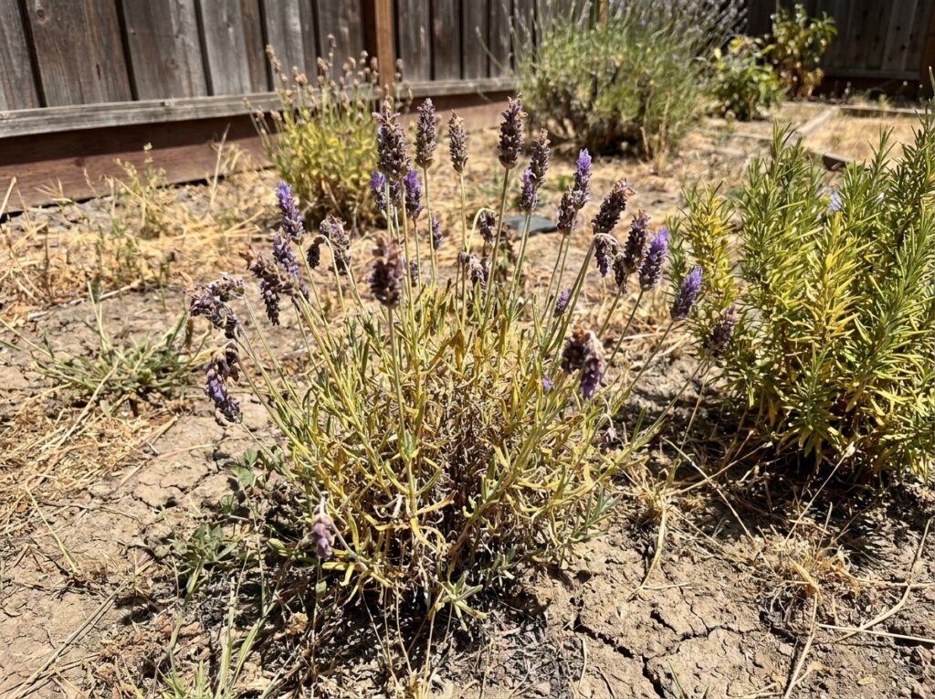 Wilting lavender plant with yellowing stems in dry summer garden bed