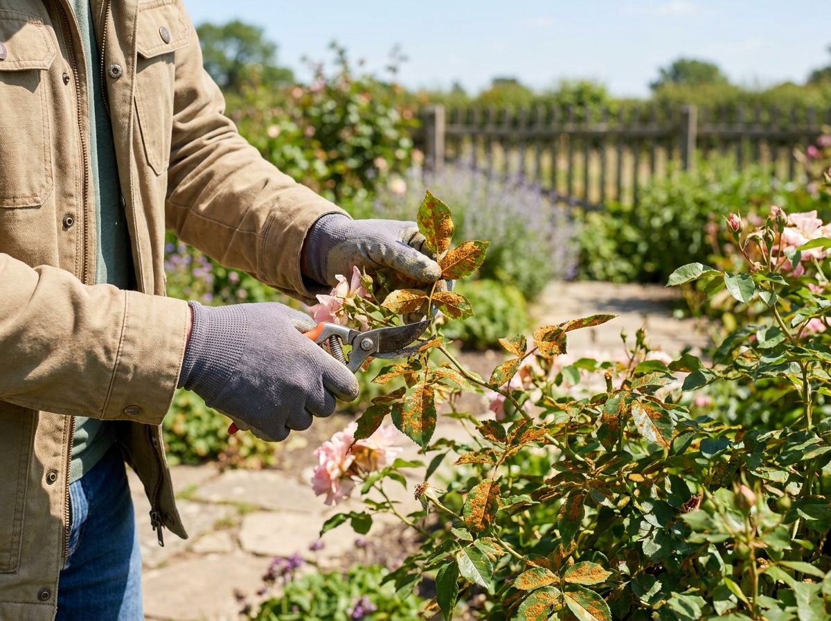 Gardener removing diseased rose leaves with orange rust pustules in summer garden