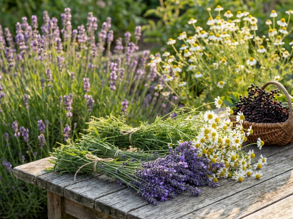 Freshly harvested lavender and chamomile bundles laid on a rustic wooden surface in summer sunlight