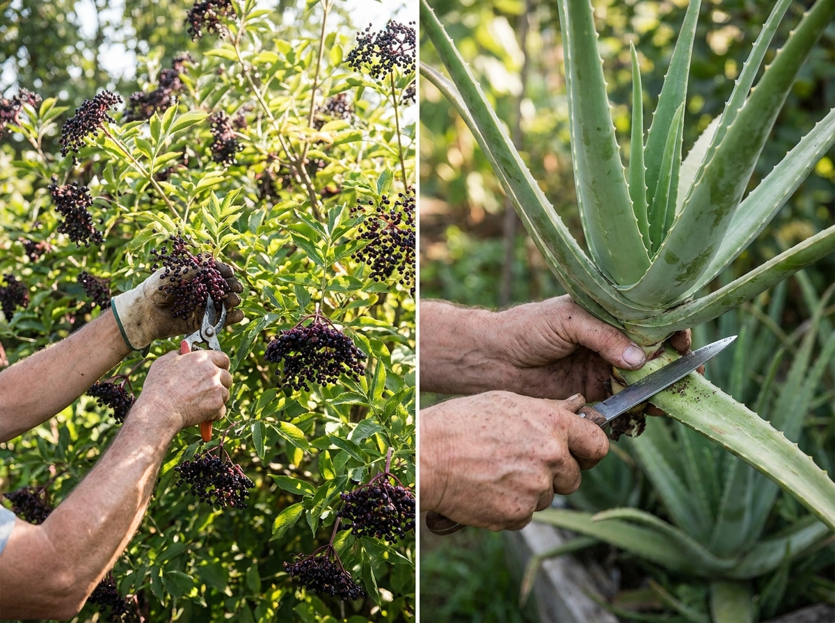 Gardener's hands harvesting elderberry clusters from a laden summer shrub