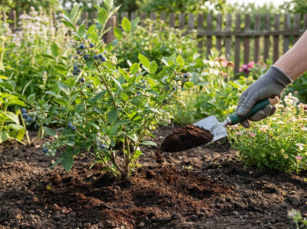 Spent coffee grounds being sprinkled around the base of a blueberry bush in a summer garden