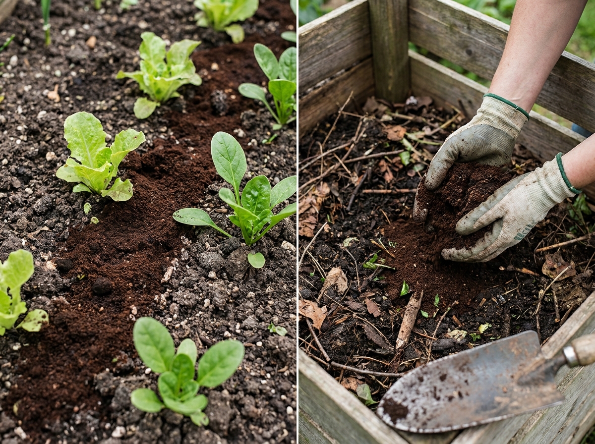 Close-up of coffee grounds mixed into dark garden soil beside green vegetable seedlings