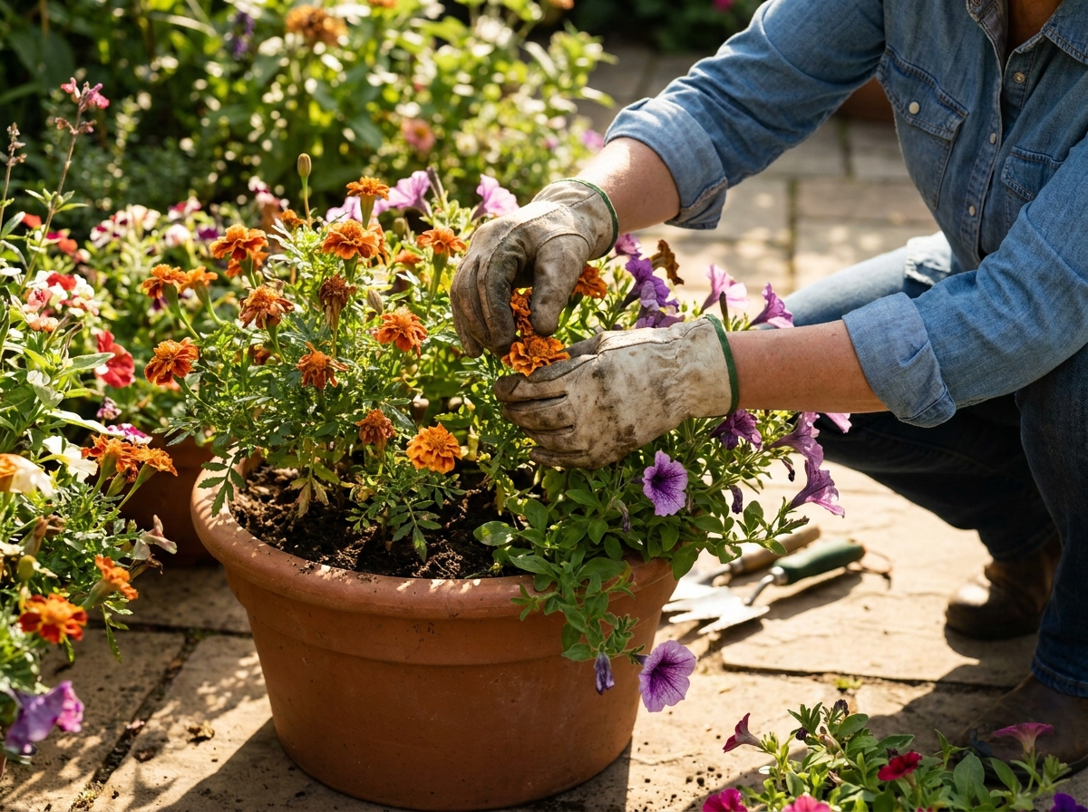 Gardener pinching off dead flower heads from marigolds in a sunny container