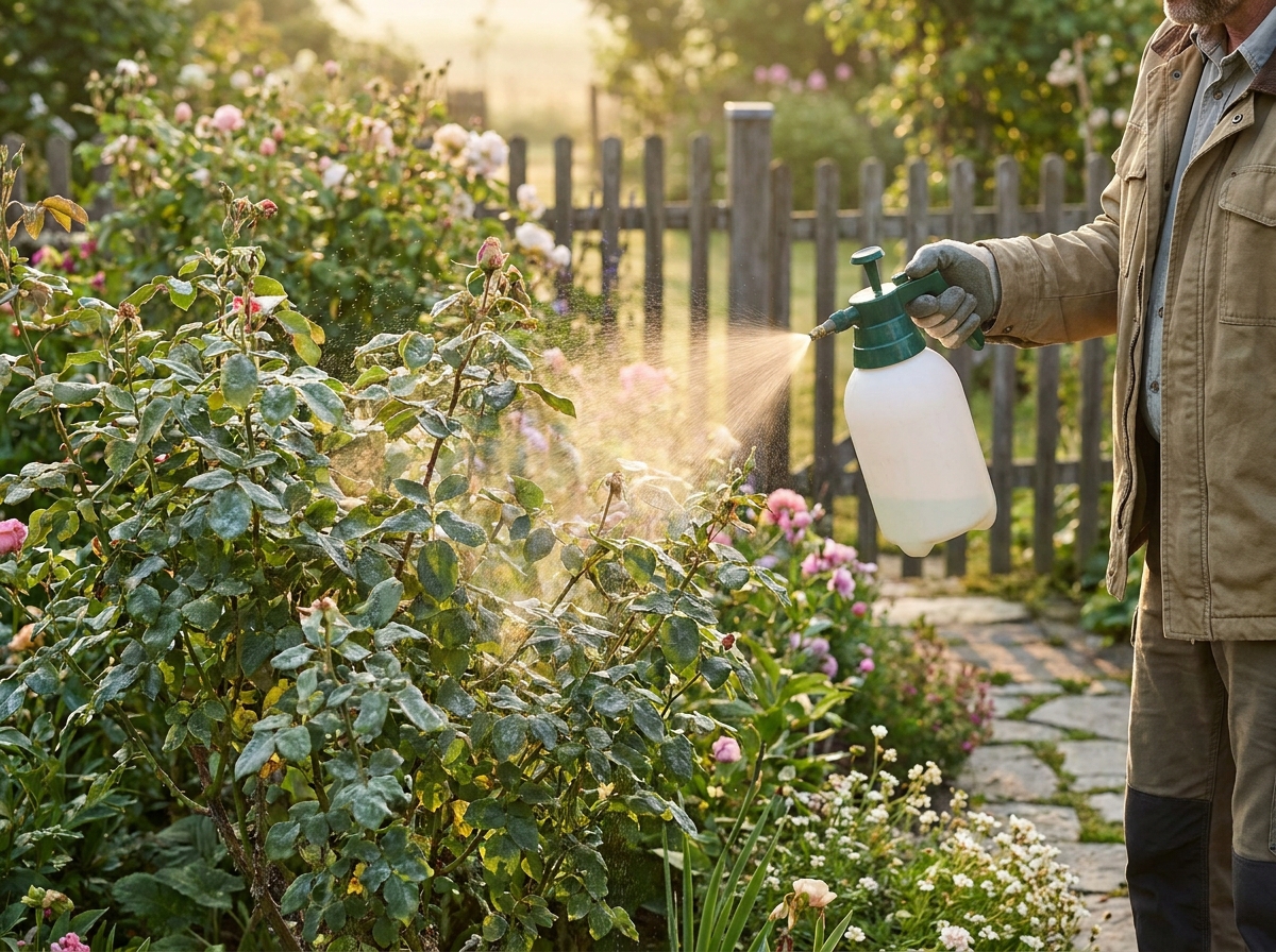 Gardener spraying rose bush with fungicide treatment in morning sunlight