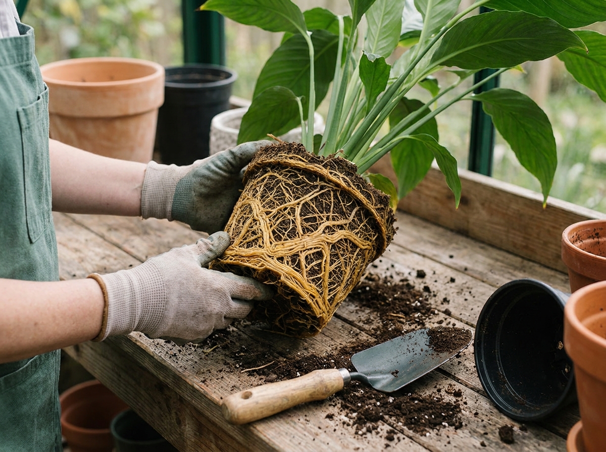 Gardener repotting root-bound houseplant showing tightly coiled roots in pot