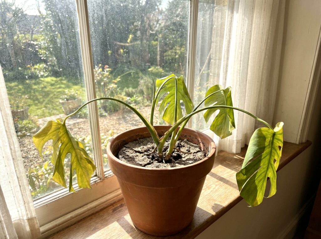 Wilting potted houseplant near sunny window with dry cracked soil surface