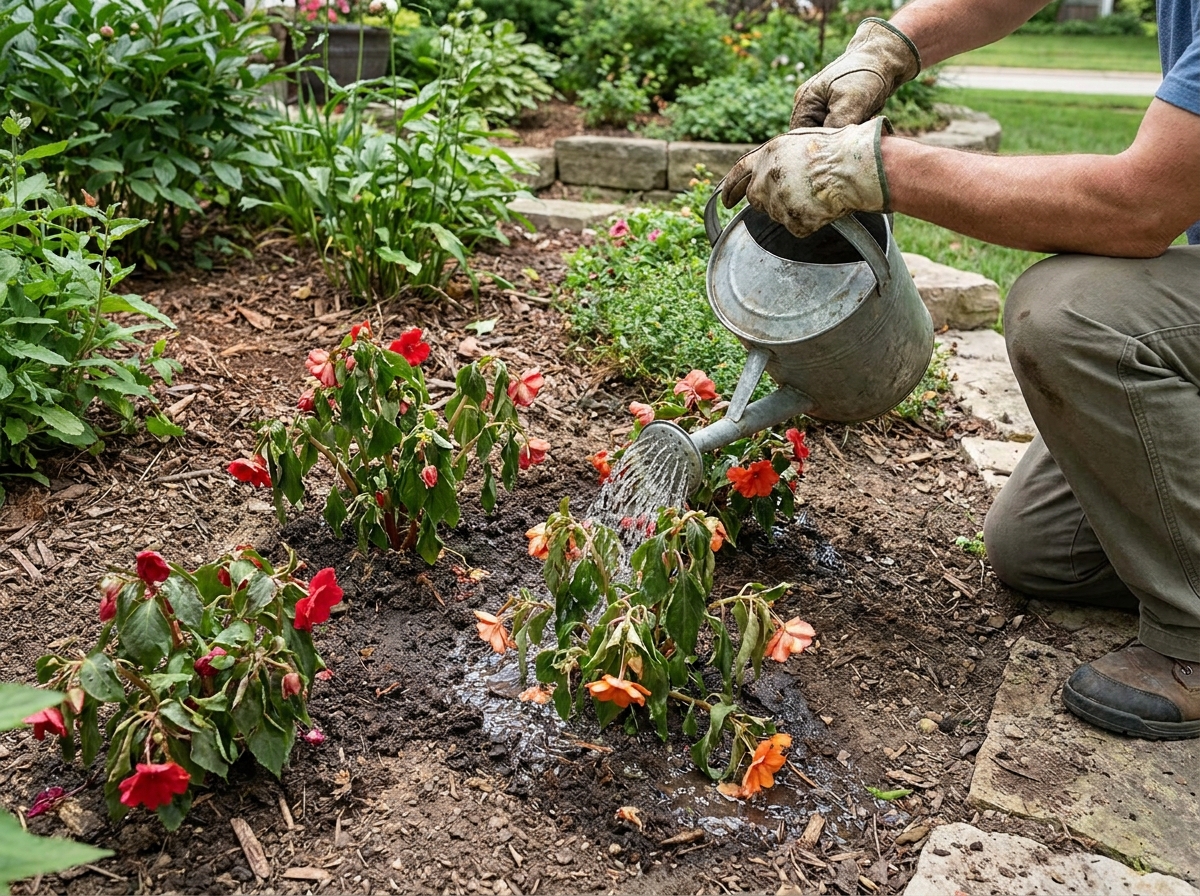 Gardener watering wilted SunPatiens plants at the base in a garden bed
