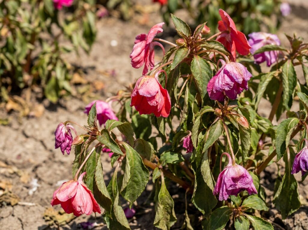 Close-up of wilting SunPatiens flowers drooping in intense summer heat