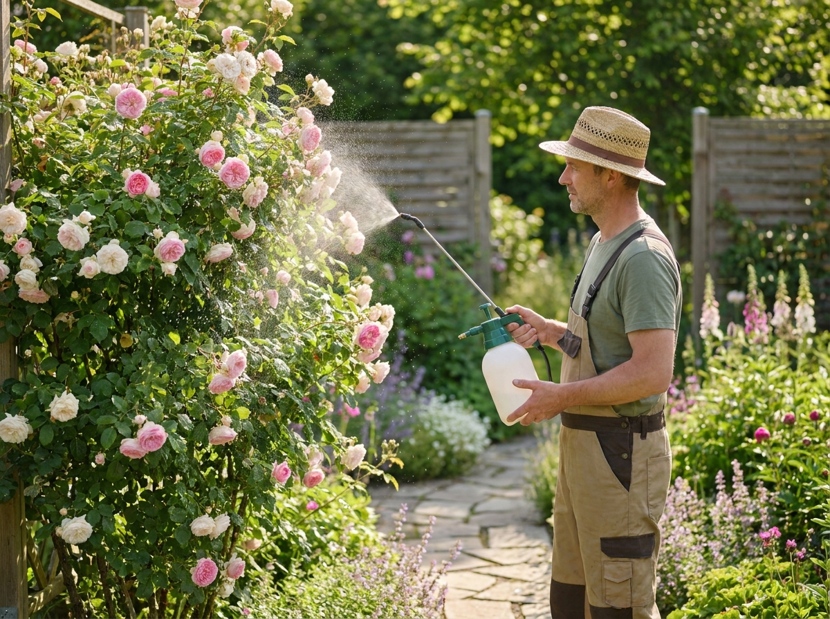 Gardener spraying rose bush with treatment solution on a sunny summer morning