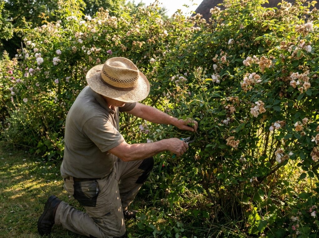 Gardener pruning a flowering shrub with secateurs on a sunny summer morning