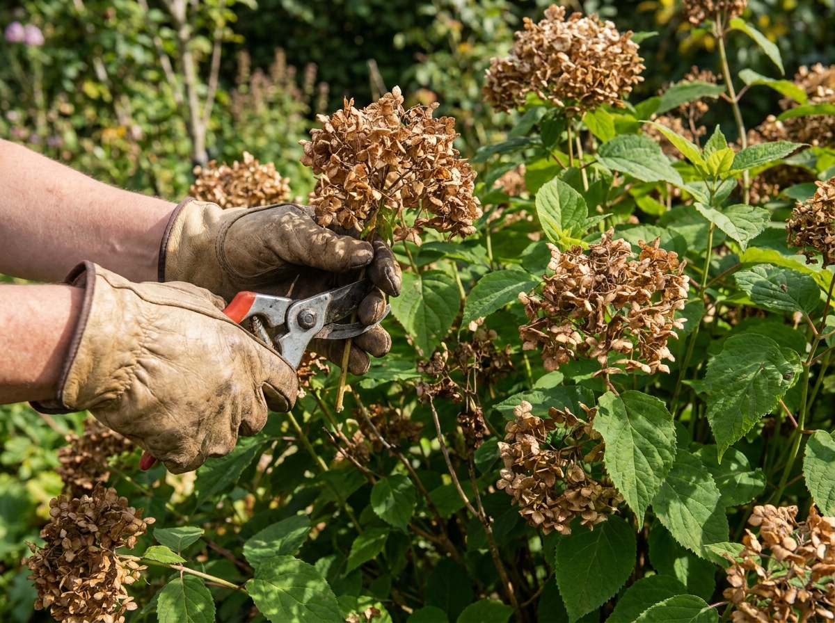 Close-up of spent flower heads on a summer-blooming shrub ready for deadheading