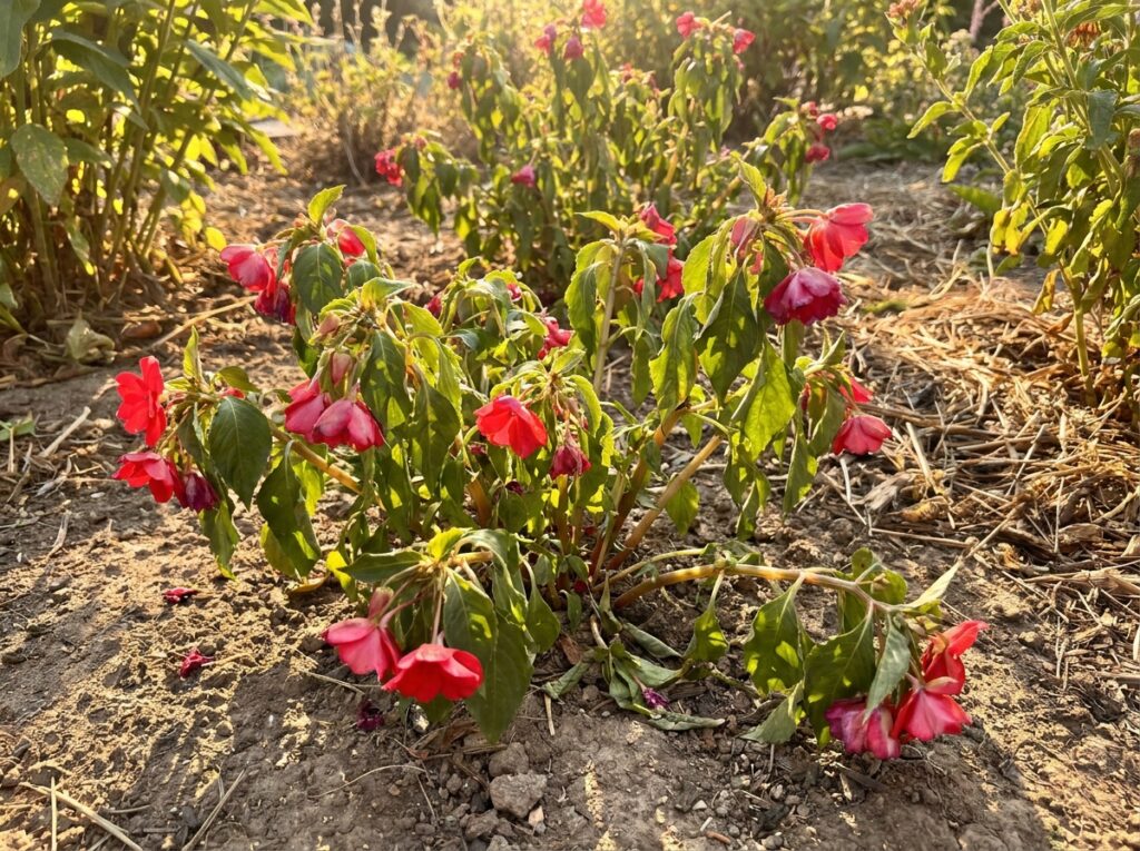Wilting SunPatiens plants in a summer garden bed, drooping in intense afternoon heat