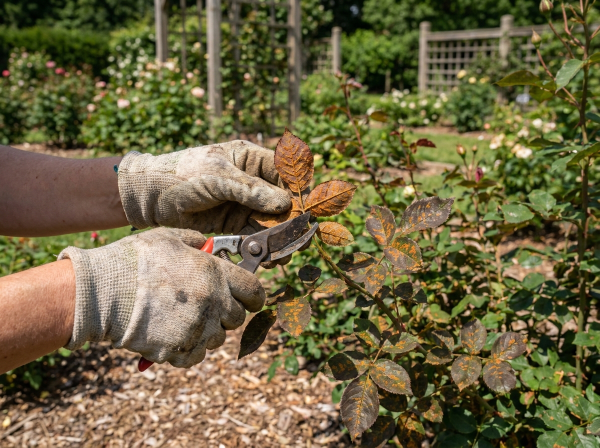 Gardener removing diseased rose leaves covered in orange rust pustules