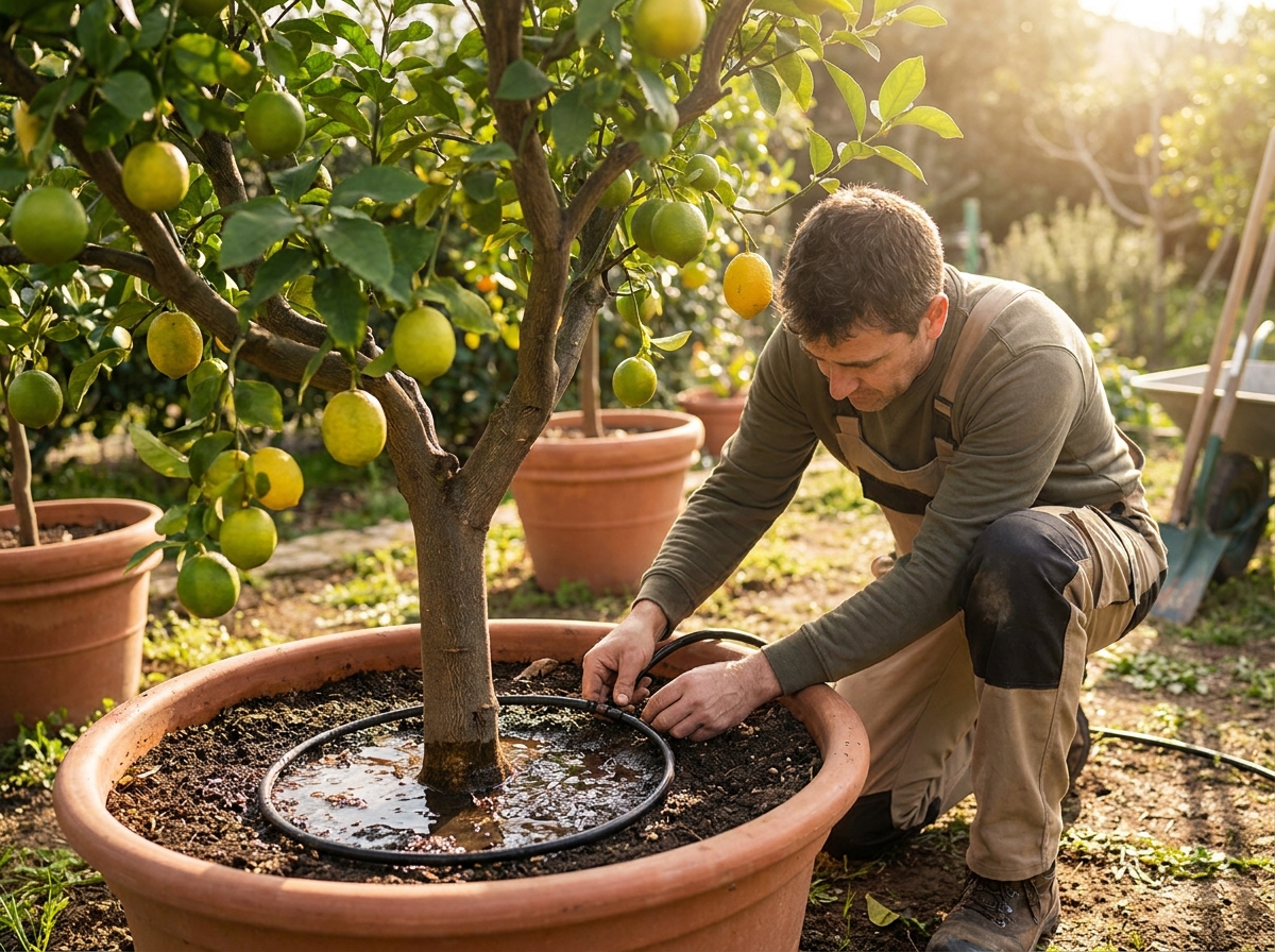Gardener watering citrus tree deeply at base in sunny garden