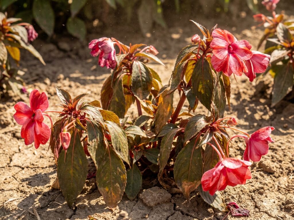 Close-up of wilting SunPatiens plants with drooping stems and limp leaves in summer heat
