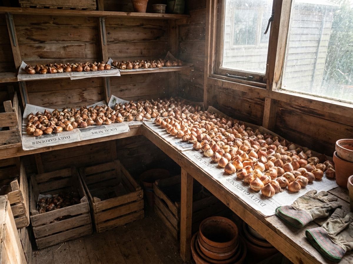 Tulip bulbs laid out on newspaper to dry and cure in a warm shed