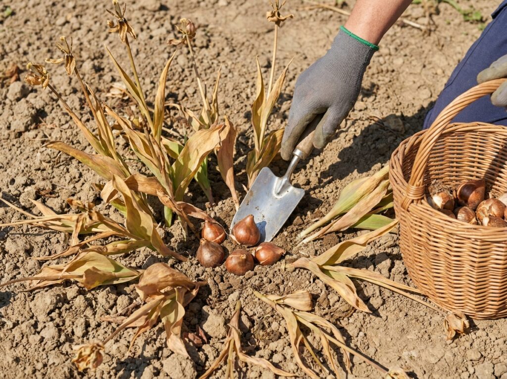 Gardener lifting tulip bulbs from dry summer soil with a hand trowel