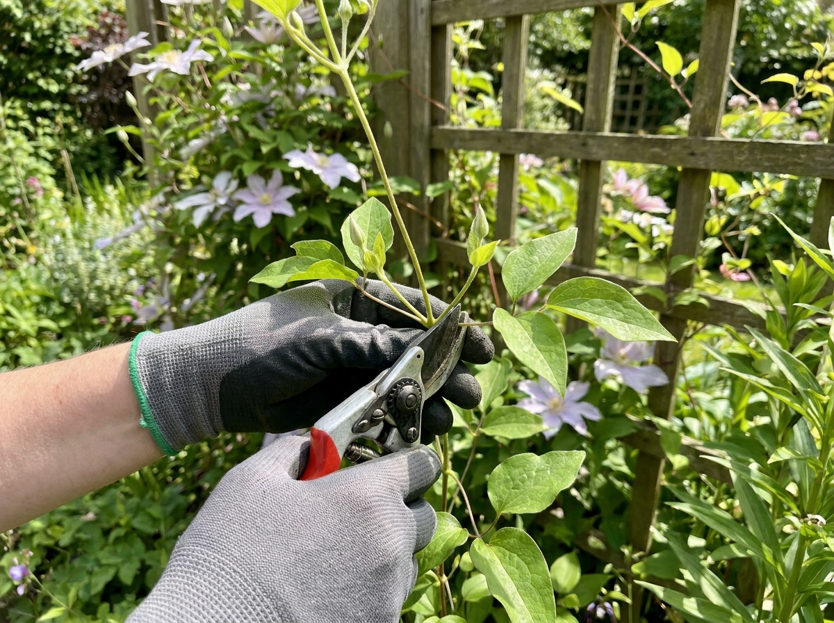 Gardener pruning clematis stems close to a leaf node with sharp secateurs in summer