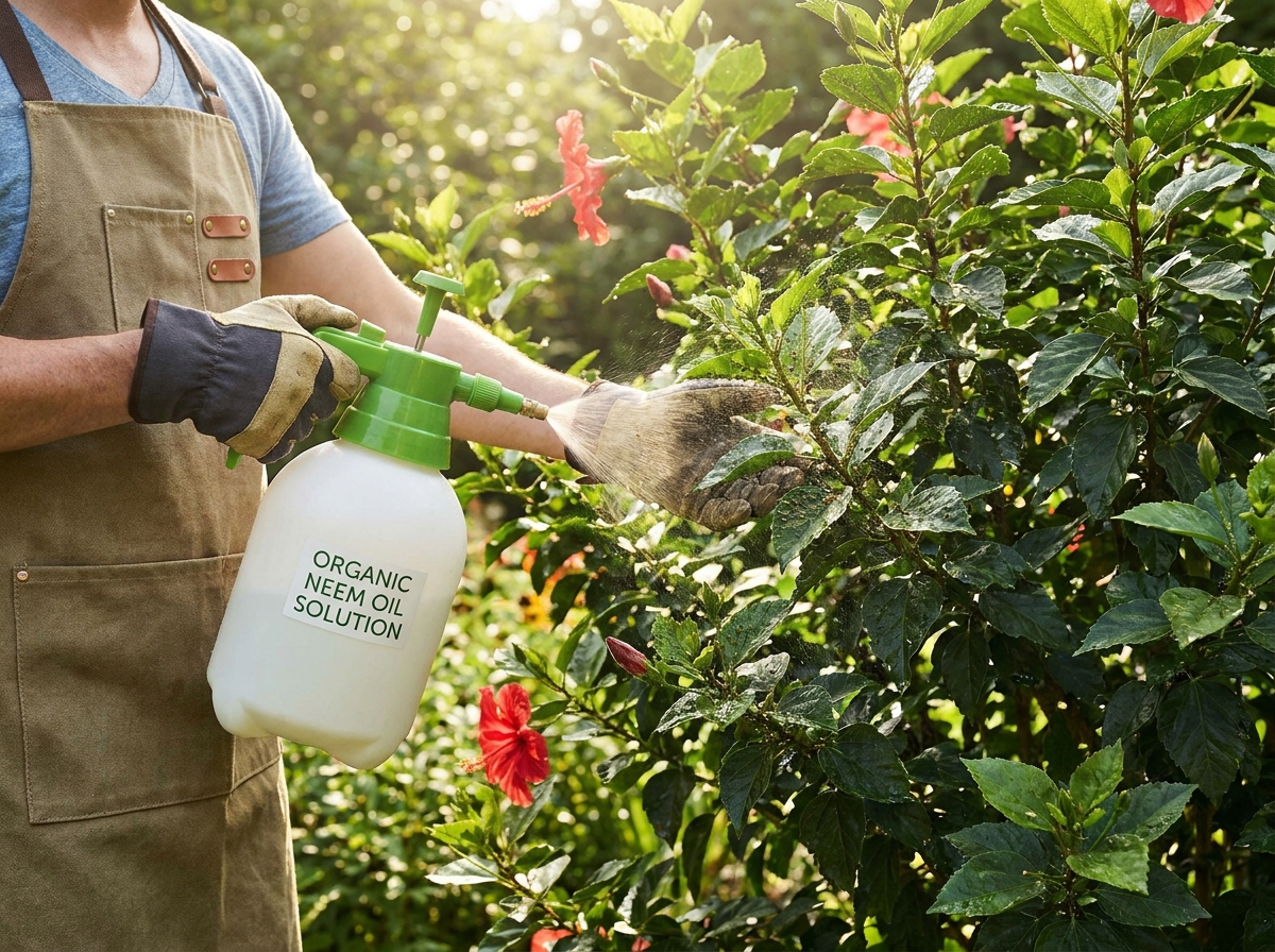 Gardener spraying neem oil solution onto hibiscus leaves in summer garden