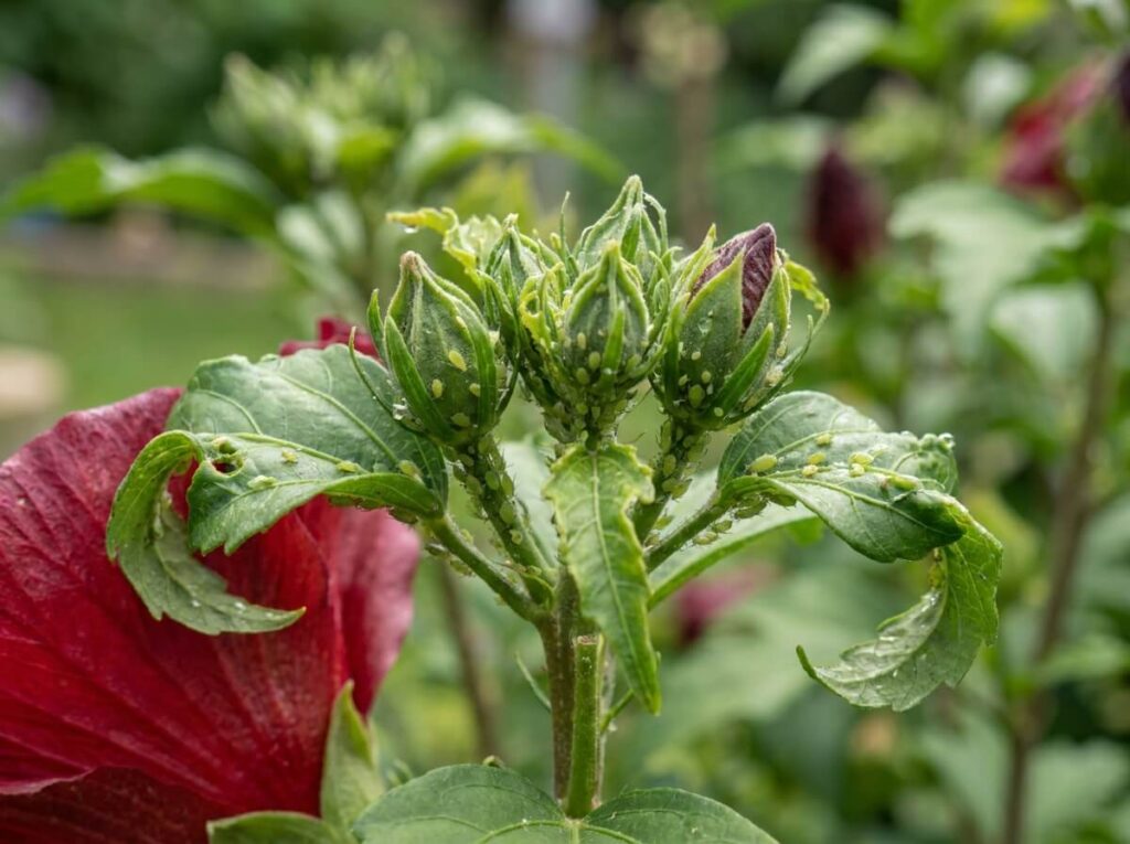 Dense cluster of green aphids infesting hibiscus flower buds and new stems