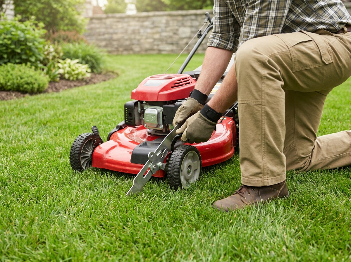 Gardener adjusting lawn mower blade height before mowing green grass