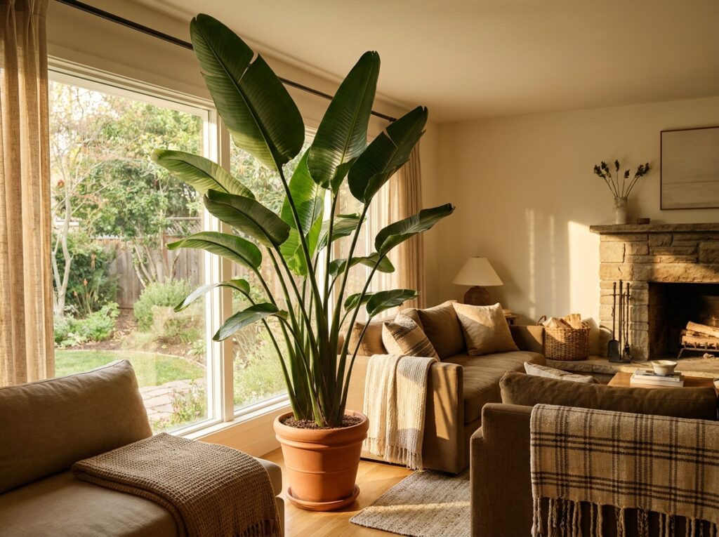 Large bird of paradise plant with dramatic leaves in a bright sunlit living room