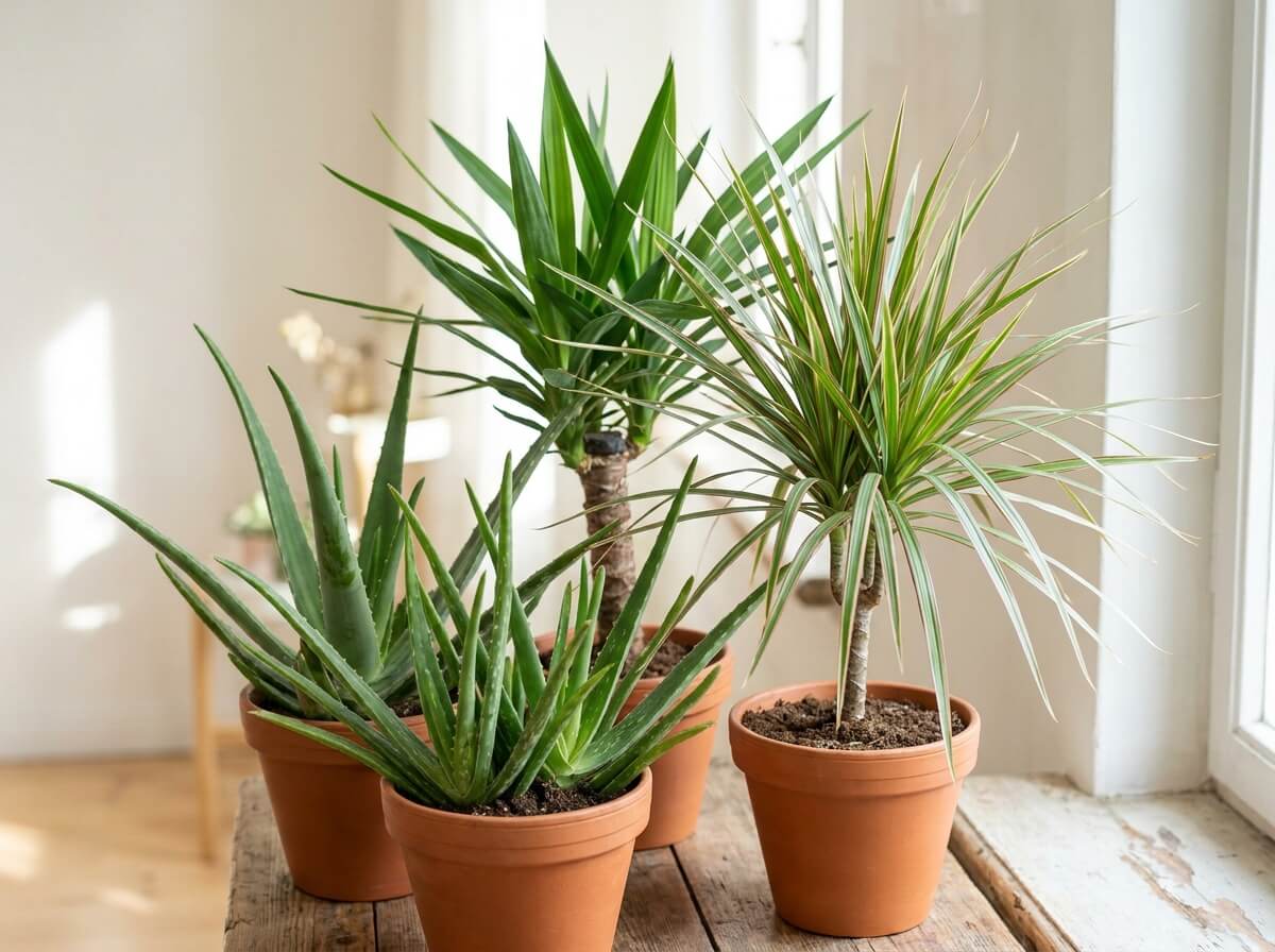 Close-up of aloe vera, yucca and dracaena arranged together as indoor houseplants
