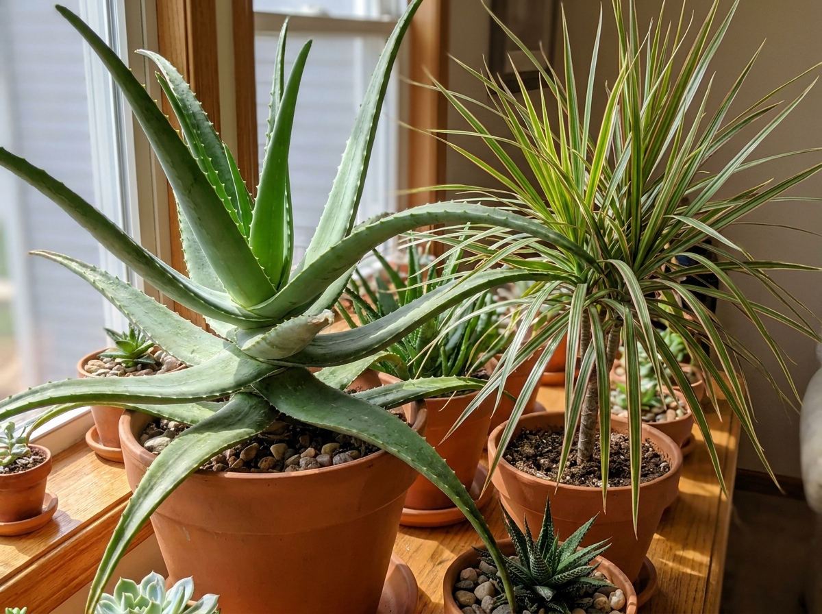 Large aloe vera and dracaena plants styled as sculptural houseplants on a sunny windowsill