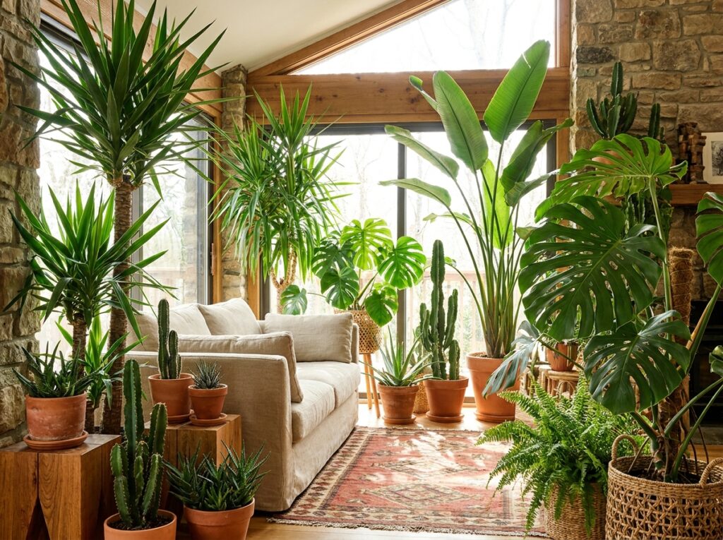 Dramatic indoor plant collection featuring yucca, monstera and bird of paradise in a bright living room
