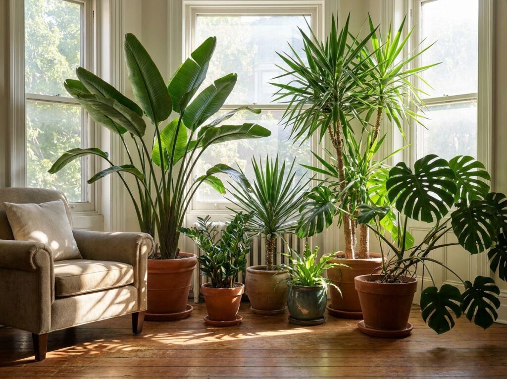 Bird of paradise, yucca and monstera plants arranged dramatically in a bright sunlit living room