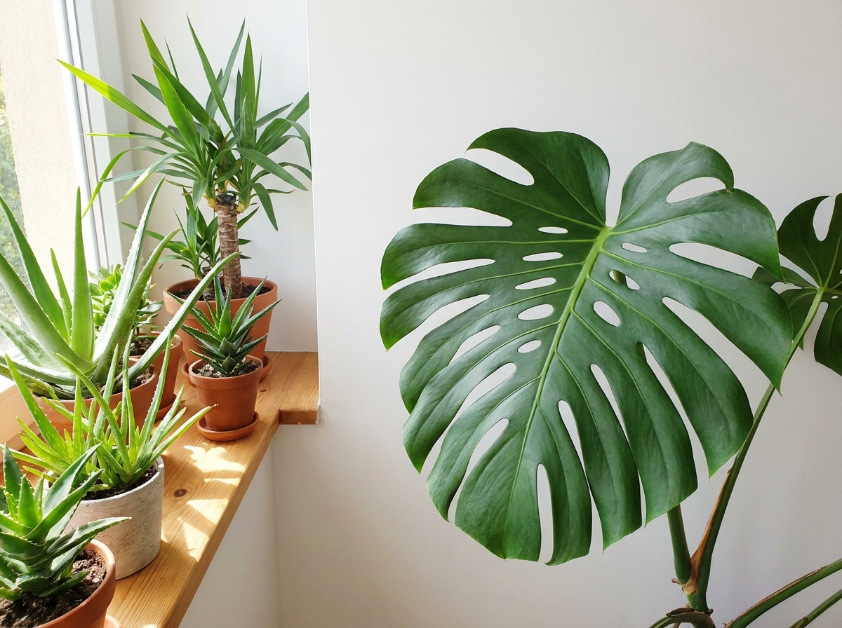 Close-up of monstera deliciosa leaf fenestrations against a white interior wall
