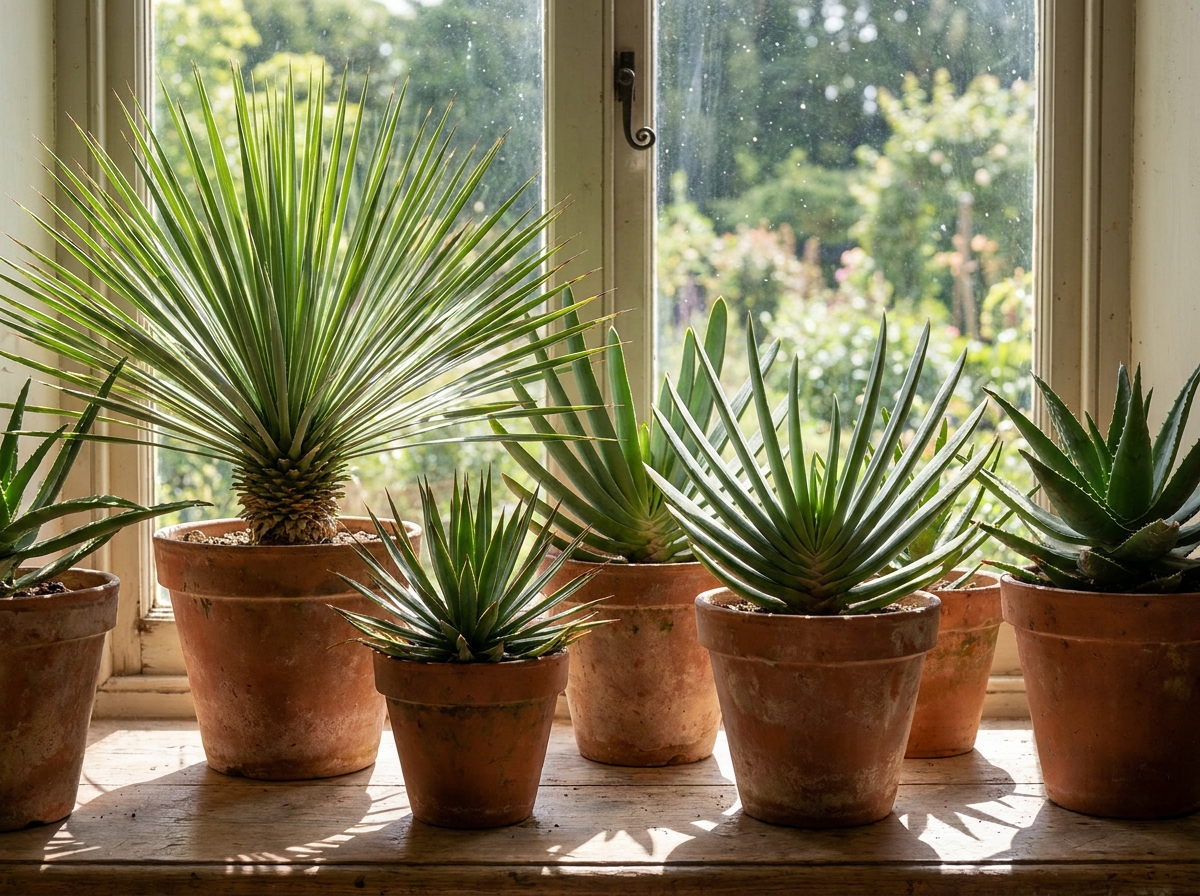 Close-up of dramatic yucca and aloe vera plants in terracotta pots on a sunny windowsill