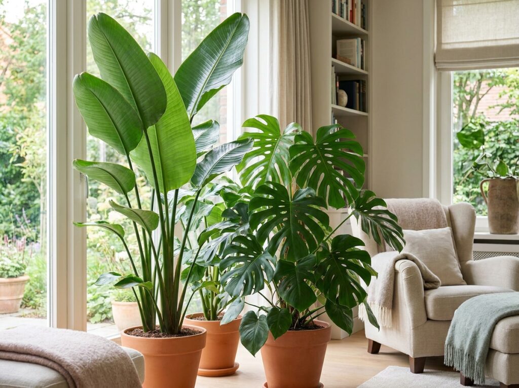 Lush bird of paradise and monstera plants displayed together in a bright living room