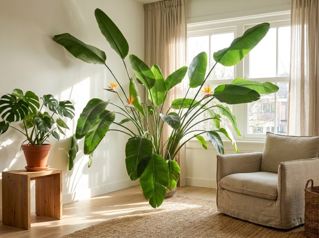Dramatic bird of paradise plant with large tropical leaves in a bright sunlit living room