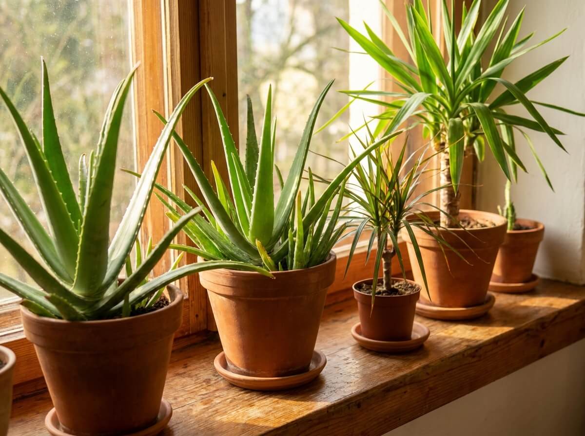 Close-up of aloe vera and yucca houseplants arranged on a sunny windowsill indoors