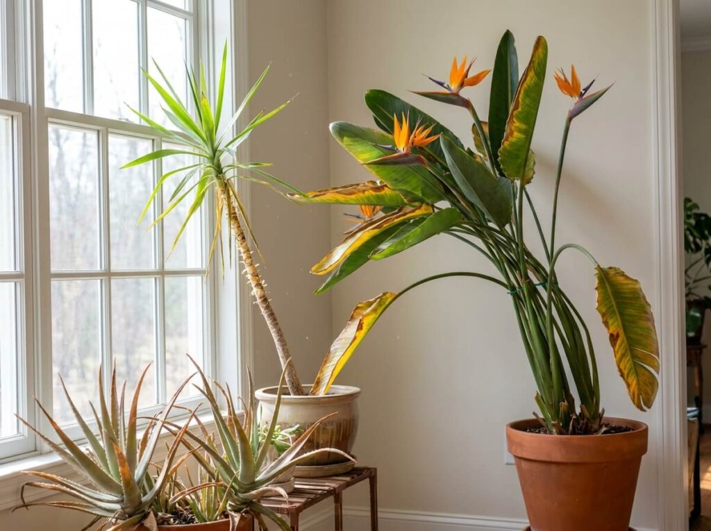 Dramatic bird of paradise plant with orange flowers near a bright sunny window indoors