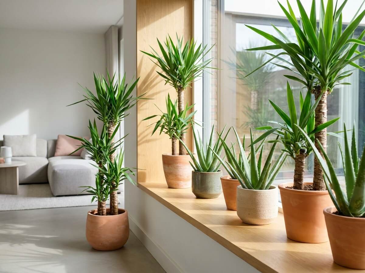 Yucca and aloe vera plants grouped together on a sunlit windowsill in a modern home