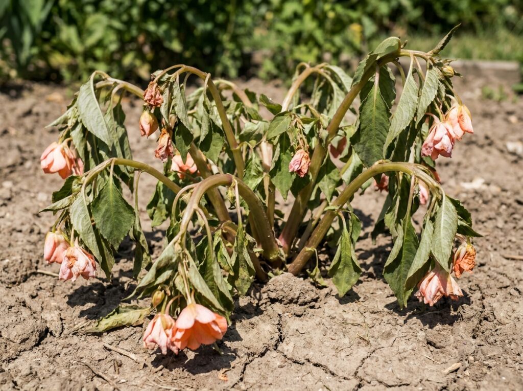 Wilting SunPatiens plant with drooping stems and dull leaves in bright summer sun