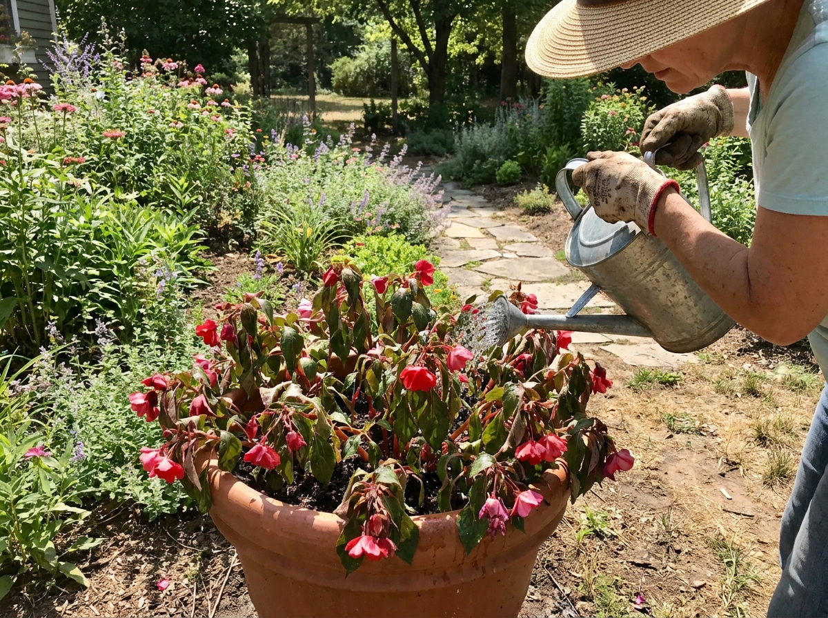 Gardener watering drooping SunPatiens in a container pot at garden border
