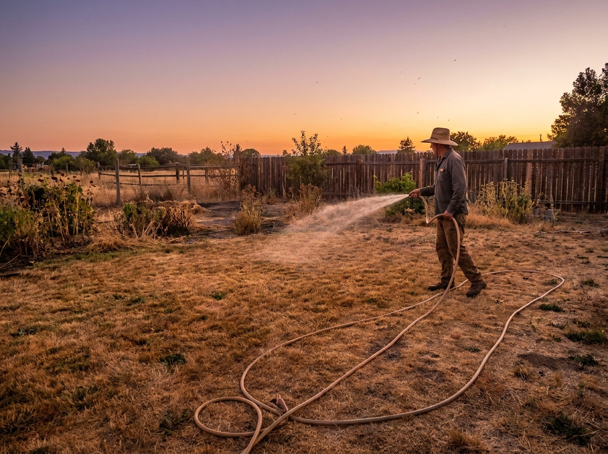 Gardener watering brown lawn at dusk with garden hose during summer drought